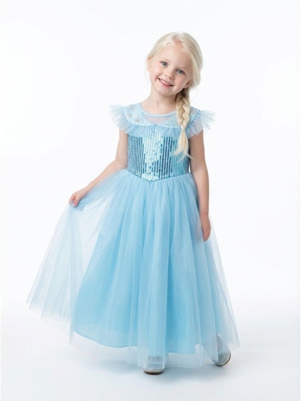 Girls Elsa Inspired Blue Princess Dress with Cape - Picture 2 of 3
